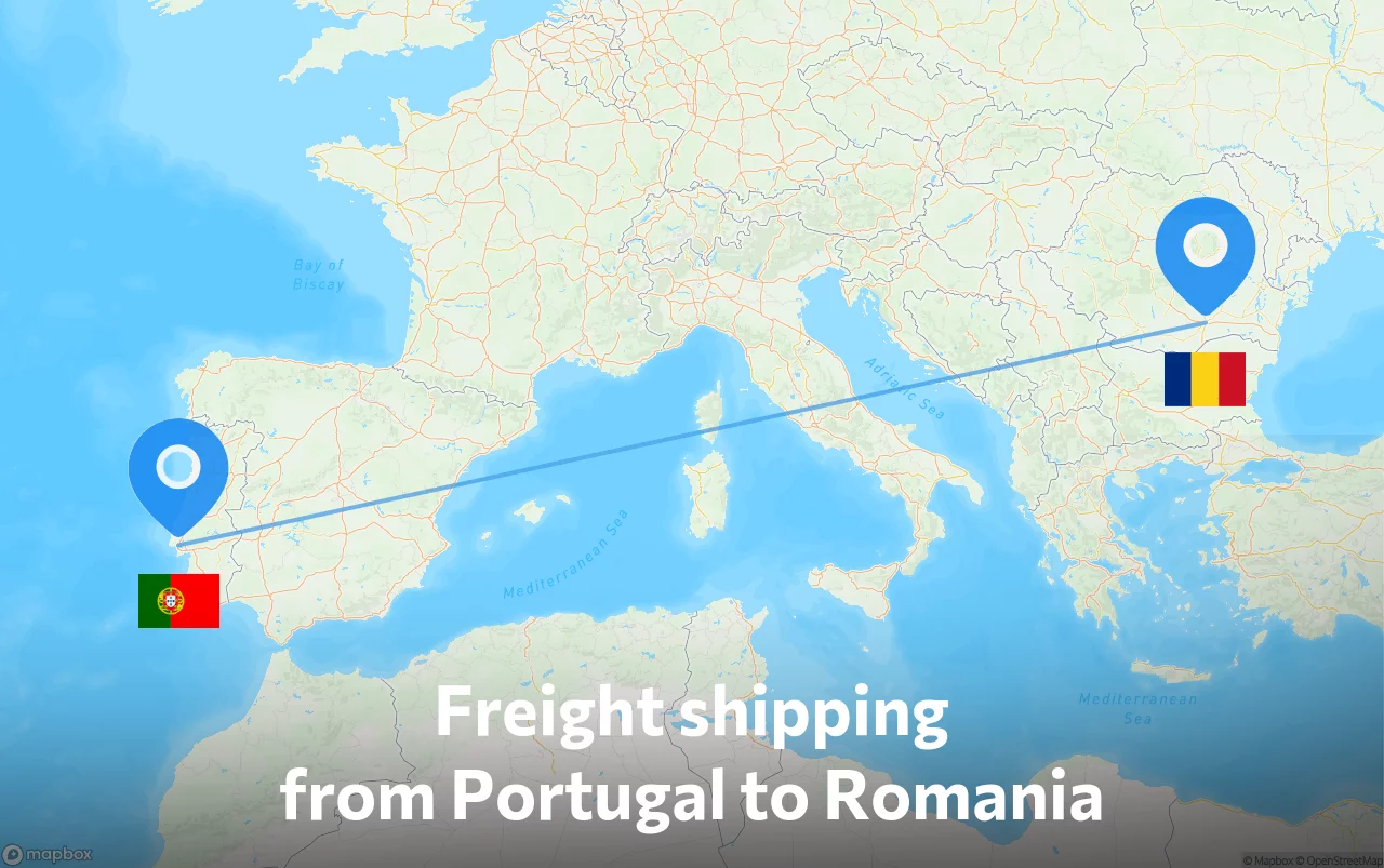 Shipping route from Portugal to Romania