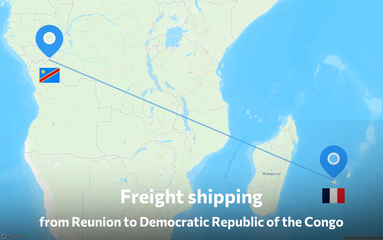 Shipping route from Reunion to Democratic Republic of the Congo