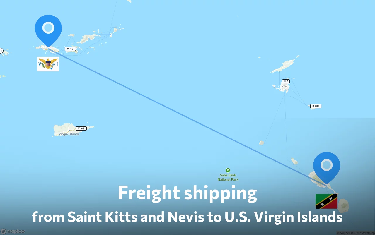 Shipping route from Saint Kitts and Nevis to U.S. Virgin Islands