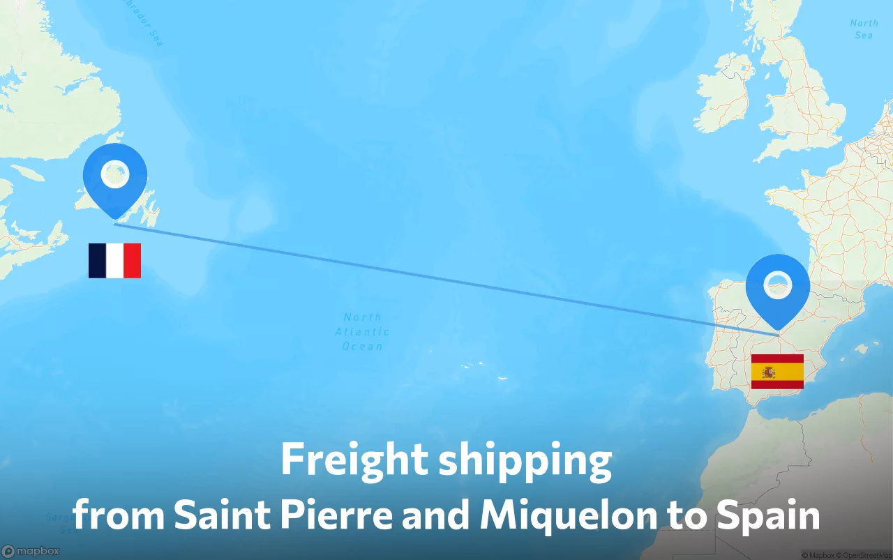 Shipping route from Saint Pierre and Miquelon to Spain