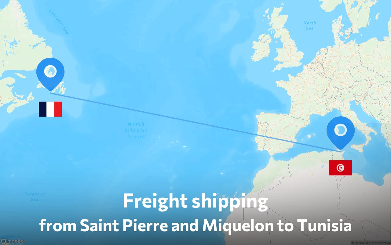 Shipping route from Saint Pierre and Miquelon to Tunisia