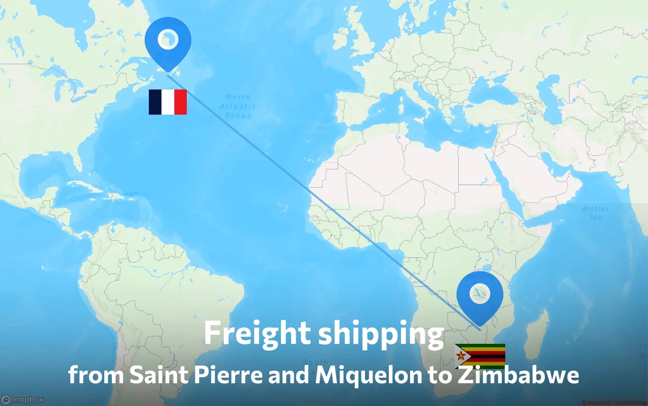 Shipping route from Saint Pierre and Miquelon to Zimbabwe