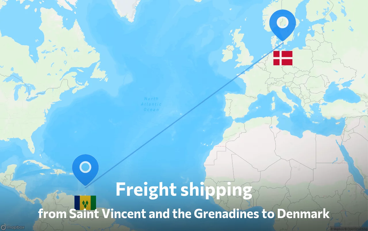 Shipping route from Saint Vincent and the Grenadines to Denmark