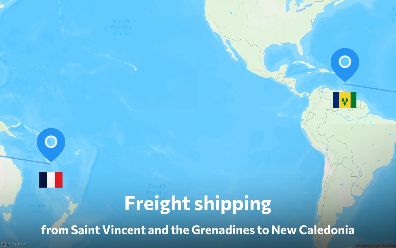 Shipping route from Saint Vincent and the Grenadines to New Caledonia