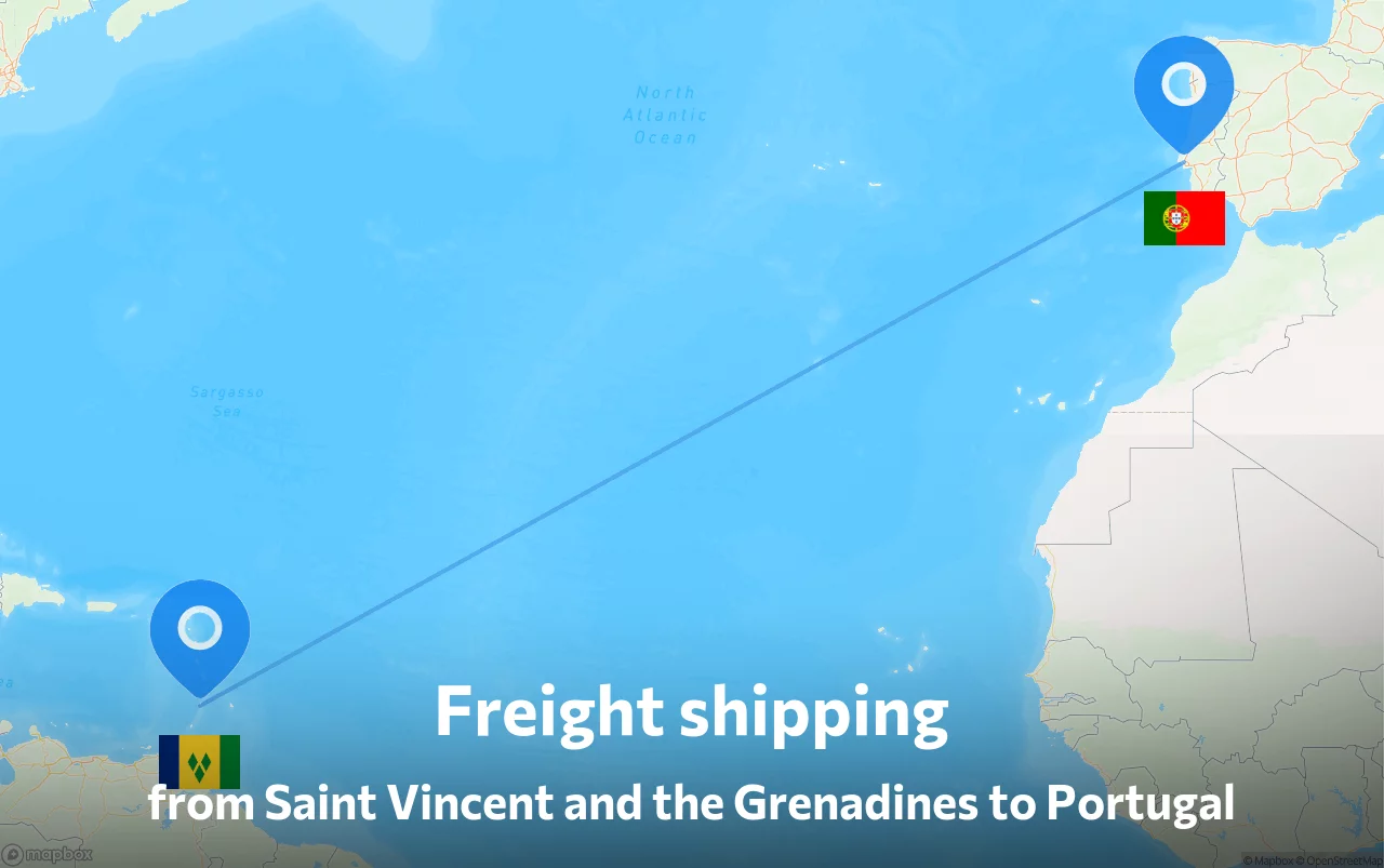 Shipping route from Saint Vincent and the Grenadines to Portugal