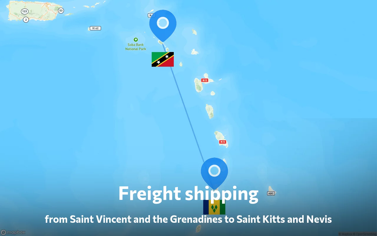 Shipping route from Saint Vincent and the Grenadines to Saint Kitts and Nevis