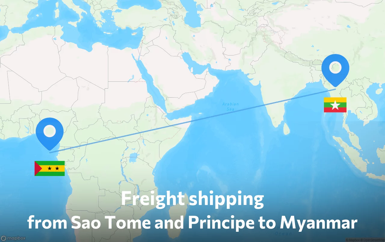 Shipping route from Sao Tome and Principe to Myanmar