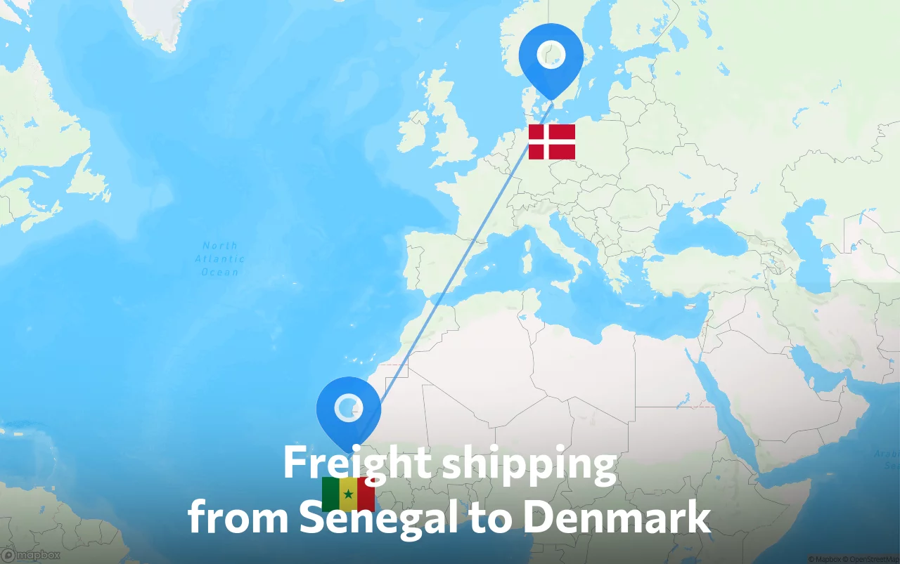 Shipping route from Senegal to Denmark
