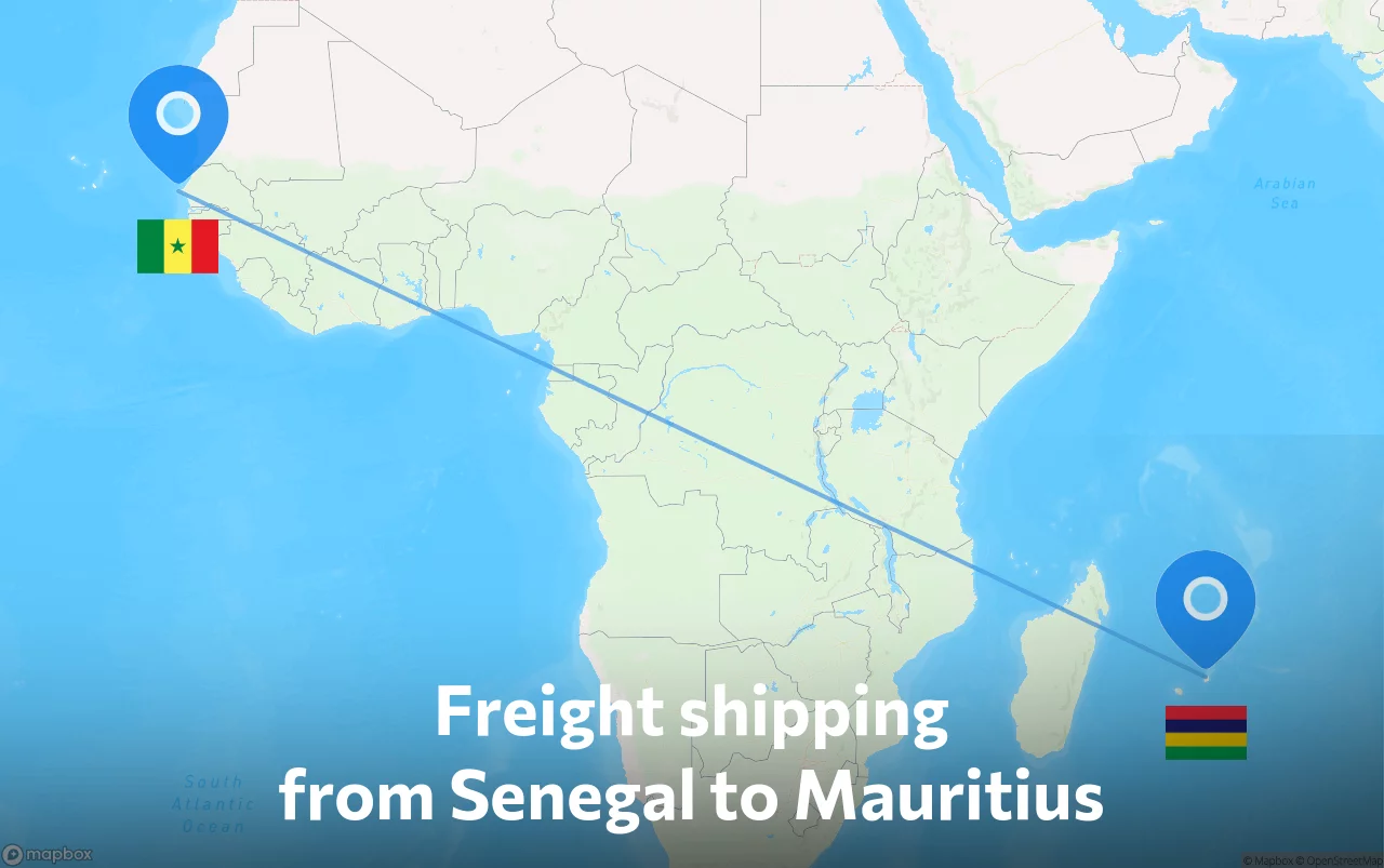 Shipping route from Senegal to Mauritius