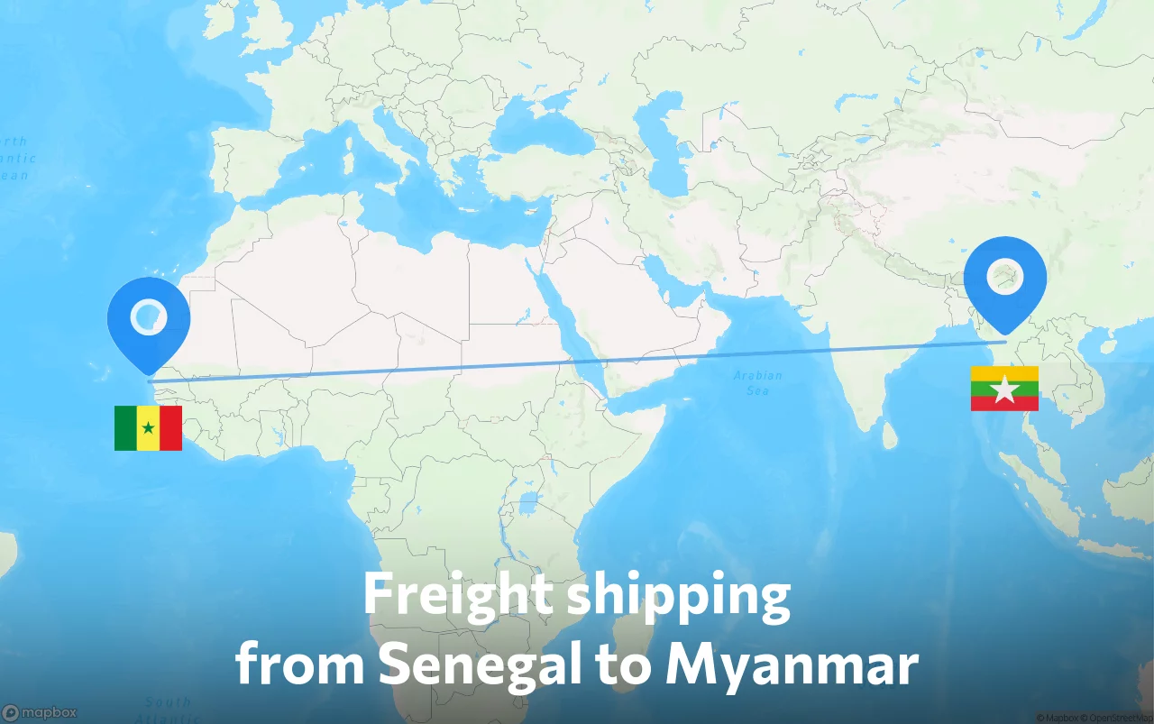 Shipping route from Senegal to Myanmar