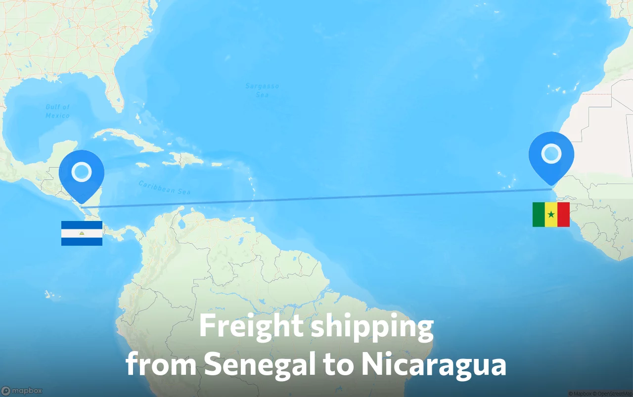 Shipping route from Senegal to Nicaragua