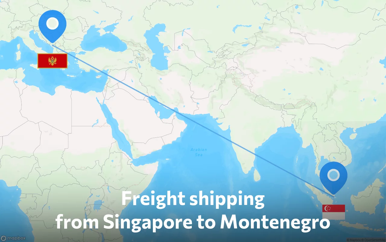 Shipping route from Singapore to Montenegro