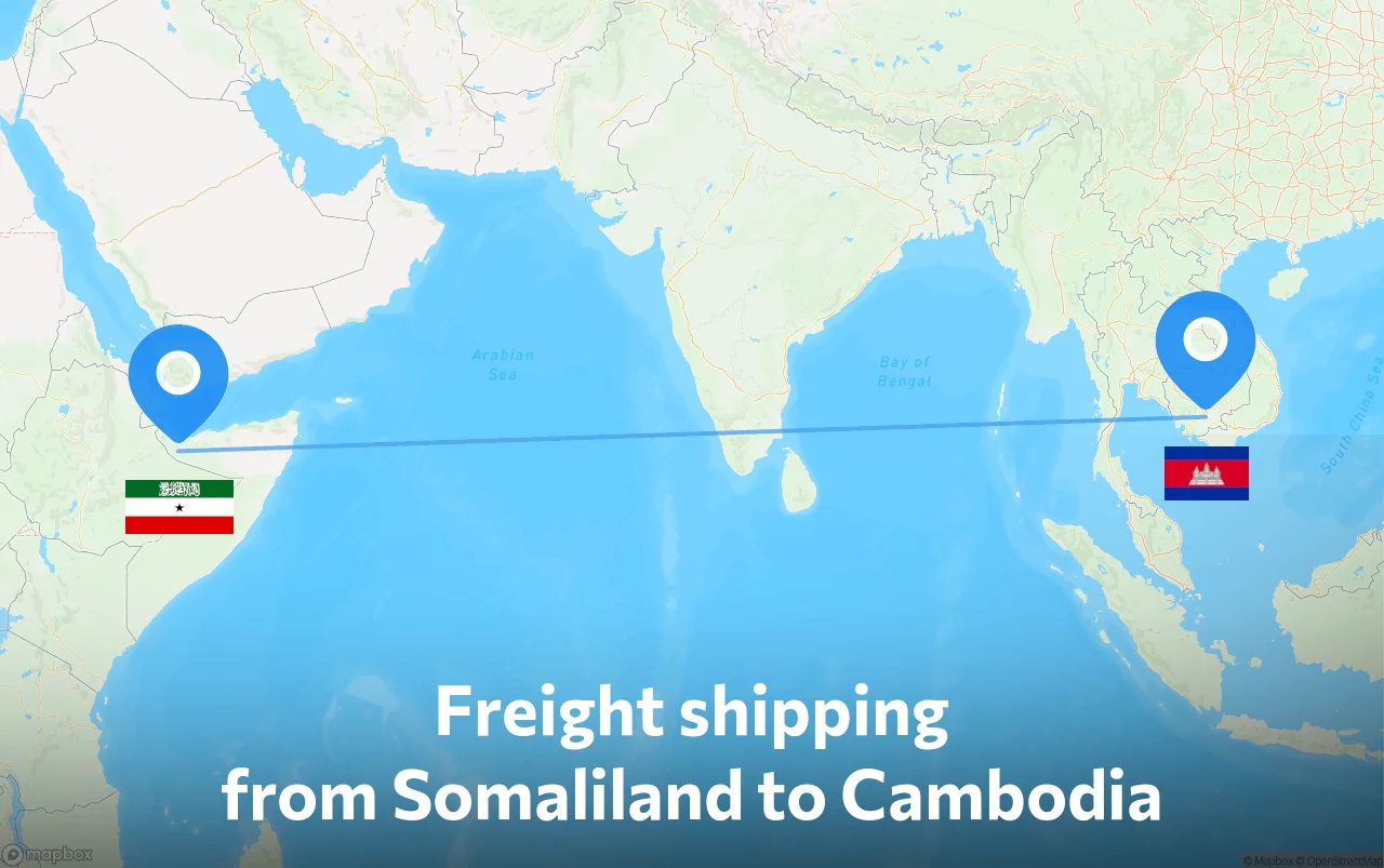 Shipping route from Somaliland to Cambodia