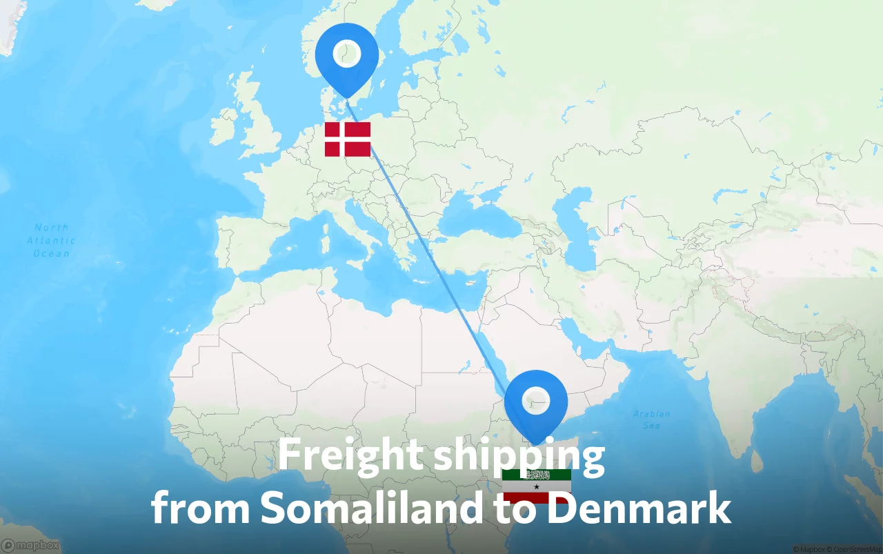 Shipping route from Somaliland to Denmark