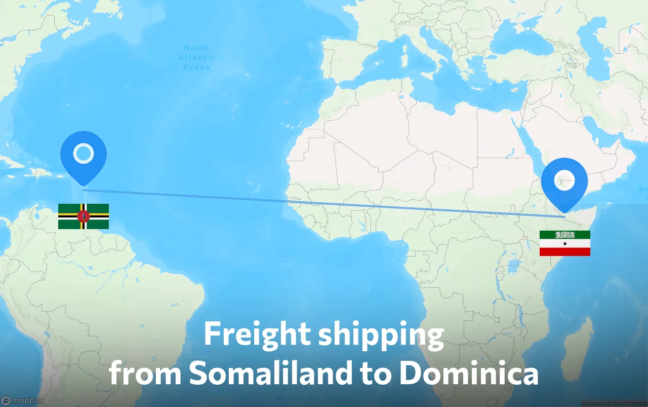 Shipping route from Somaliland to Dominica