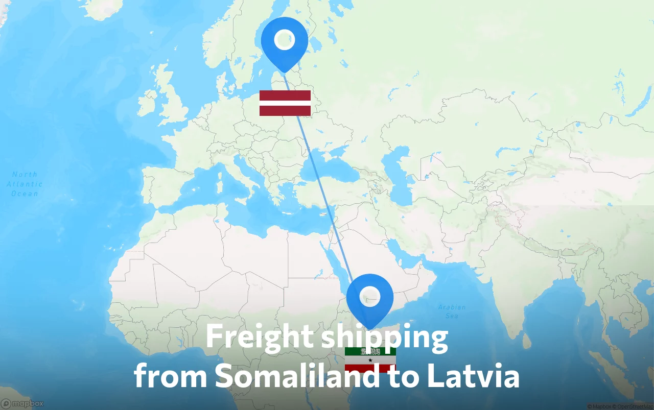 Shipping route from Somaliland to Latvia