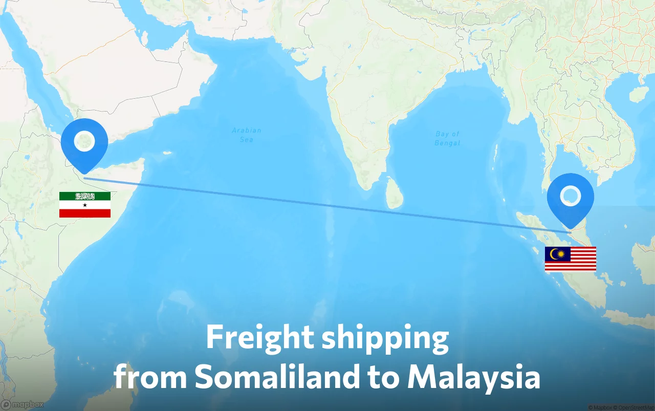 Shipping route from Somaliland to Malaysia