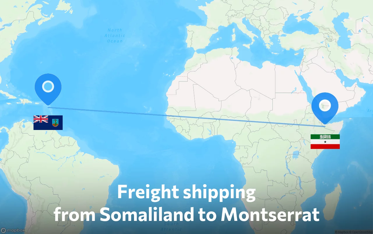 Shipping route from Somaliland to Montserrat