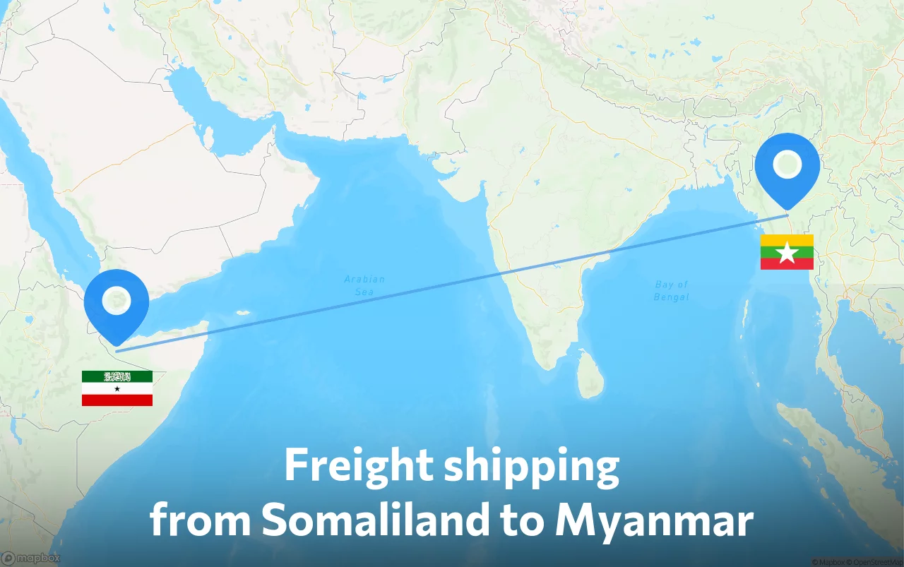 Shipping route from Somaliland to Myanmar