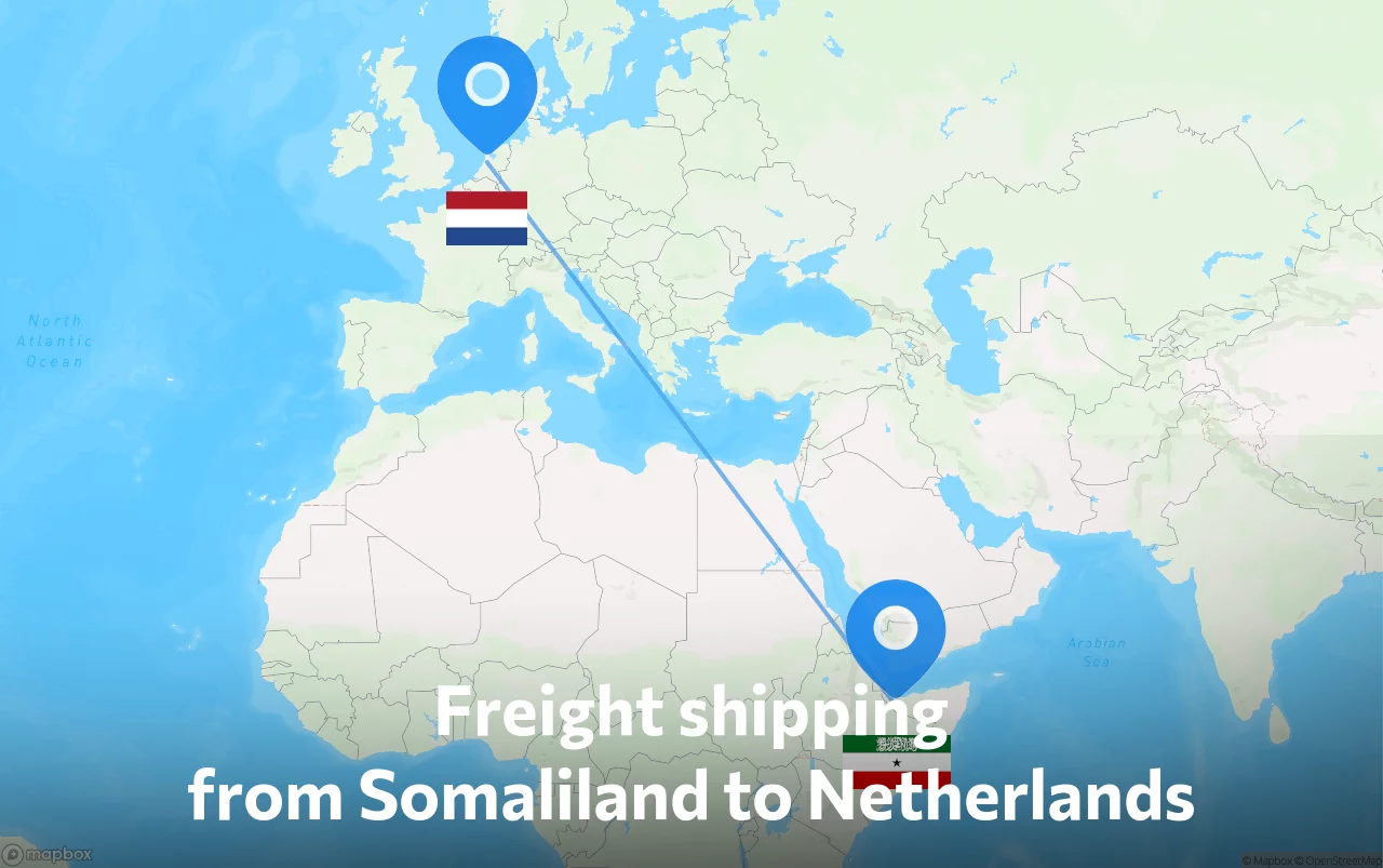 Shipping route from Somaliland to Netherlands