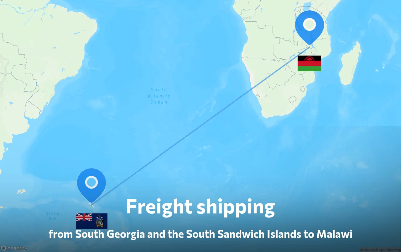 Shipping route from South Georgia and the South Sandwich Islands to Malawi