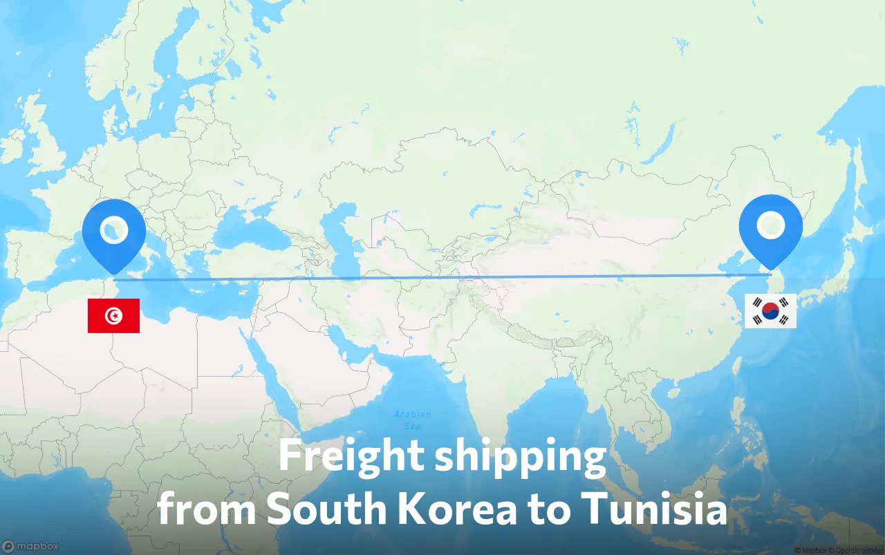 Shipping route from South Korea to Tunisia