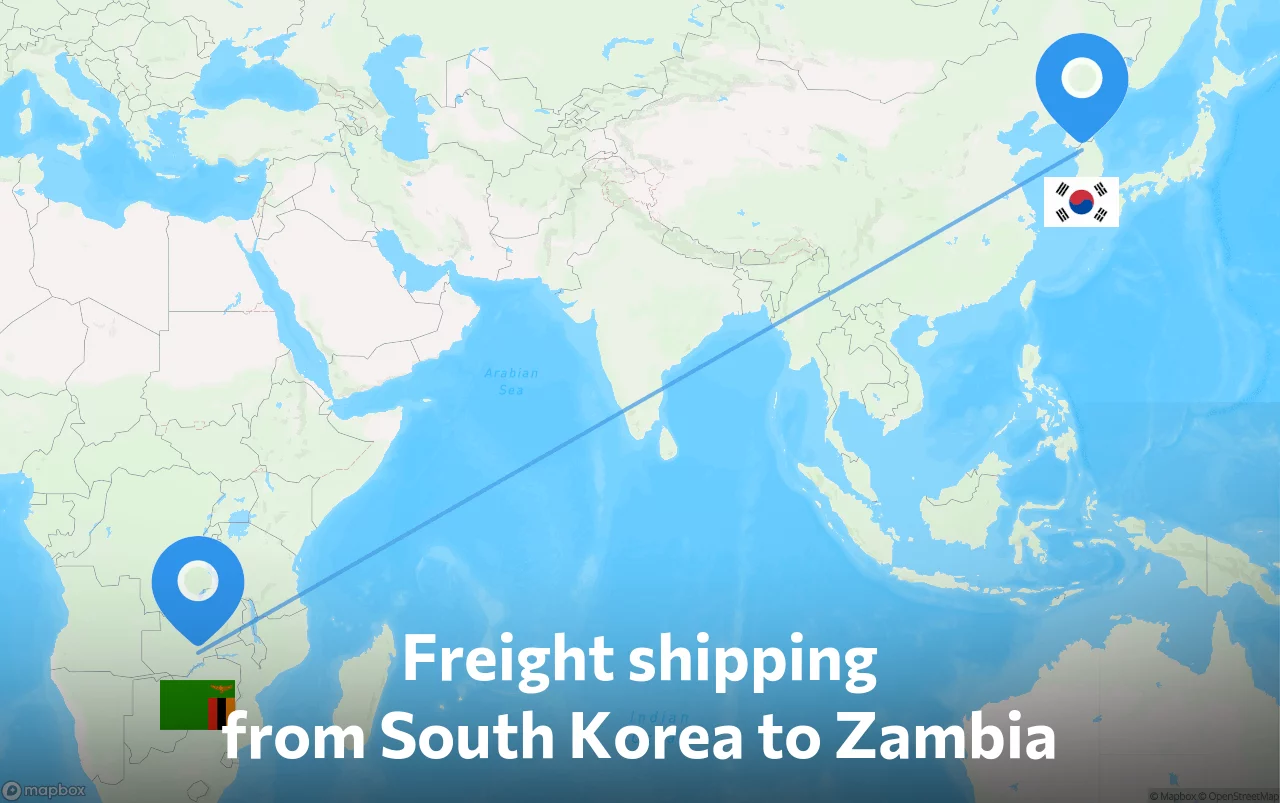 Shipping route from South Korea to Zambia
