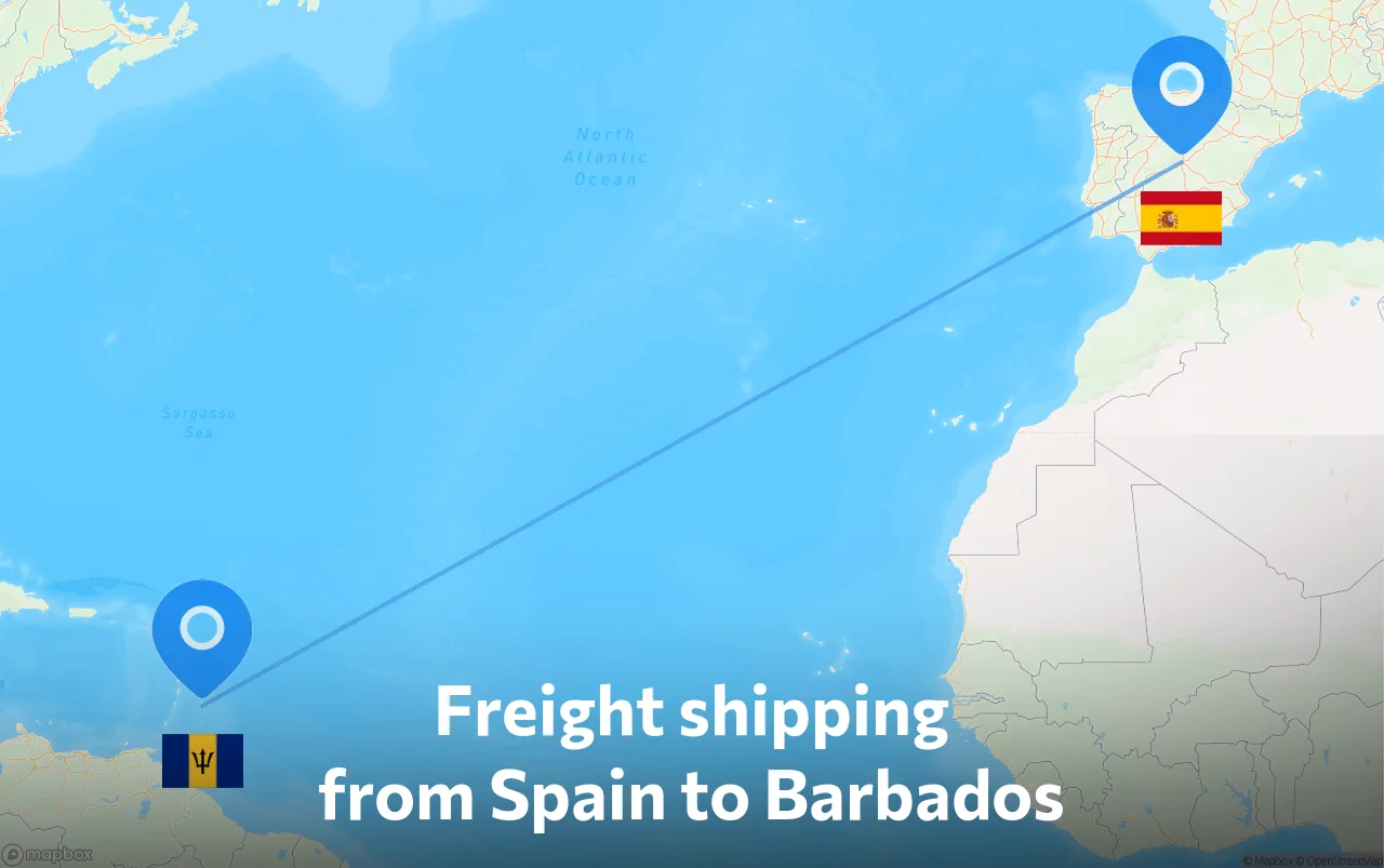 Shipping route from Spain to Barbados