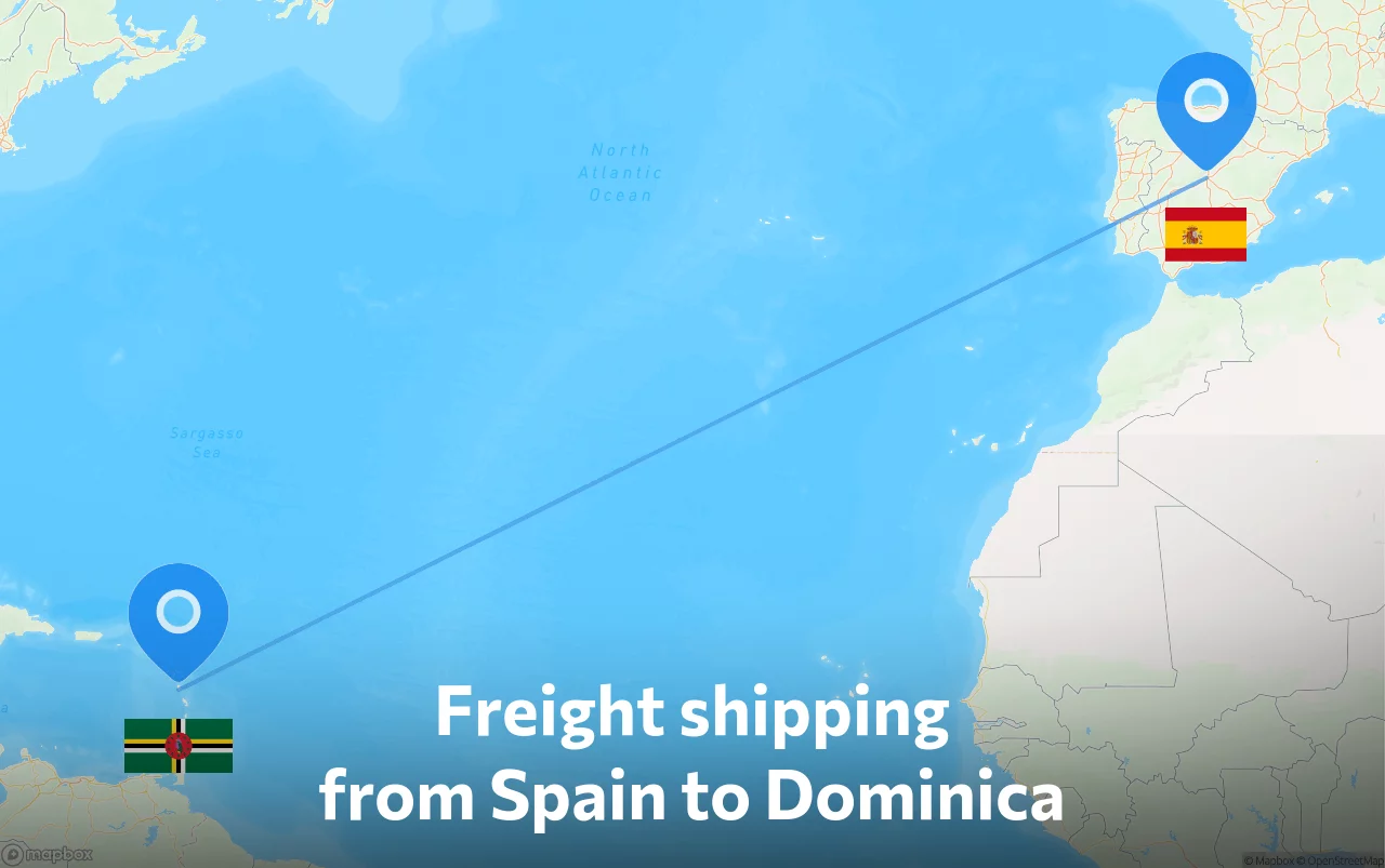 Shipping route from Spain to Dominica