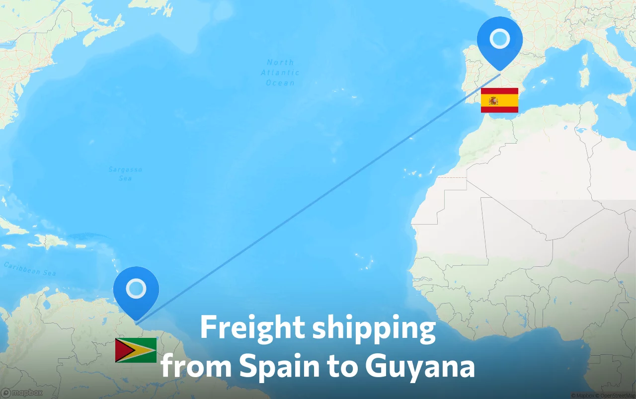 Shipping route from Spain to Guyana