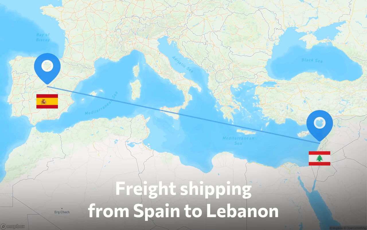 Shipping route from Spain to Lebanon