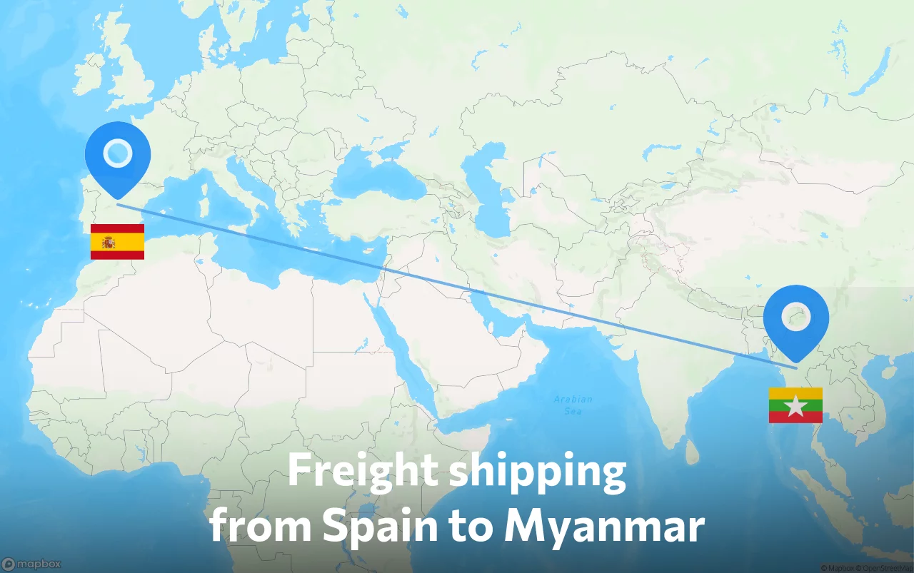 Shipping route from Spain to Myanmar