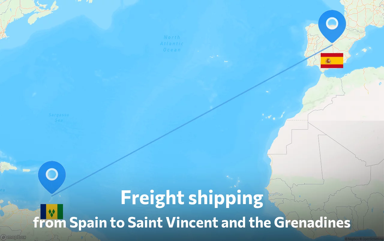 Shipping route from Spain to Saint Vincent and the Grenadines