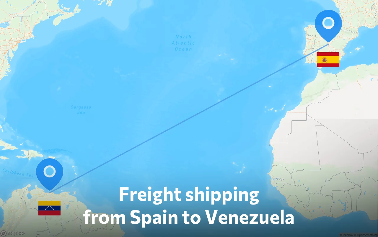 Shipping route from Spain to Venezuela