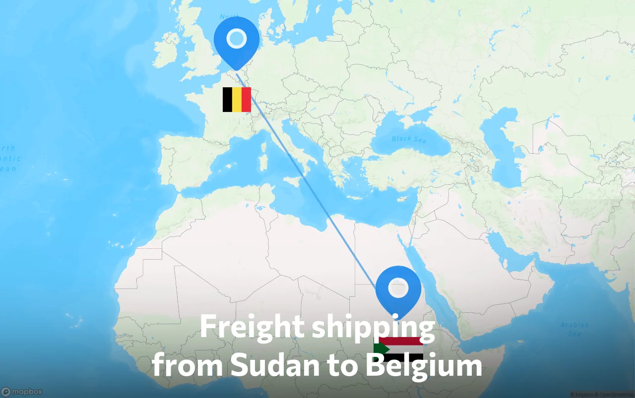 Shipping route from Sudan to Belgium