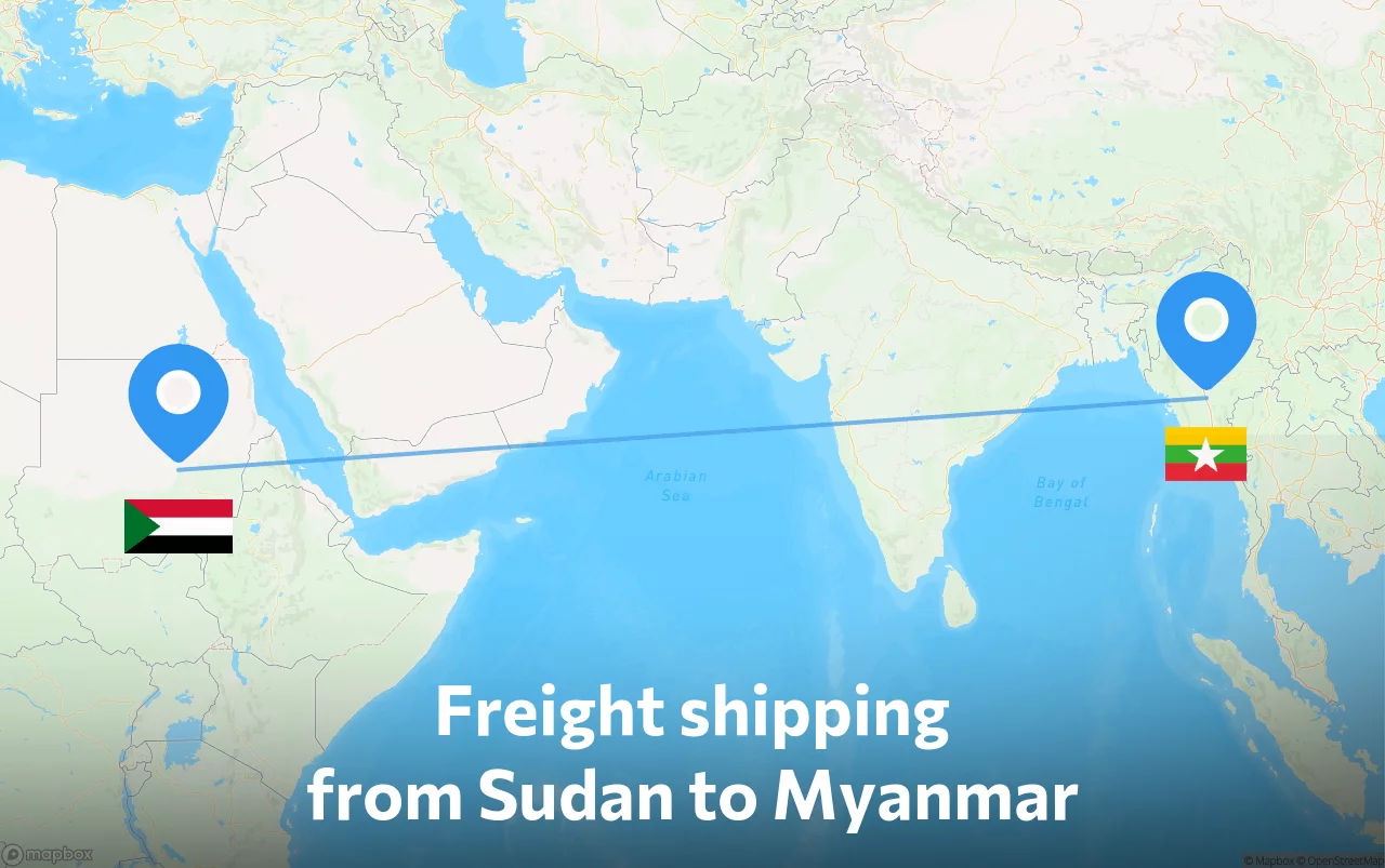 Shipping route from Sudan to Myanmar