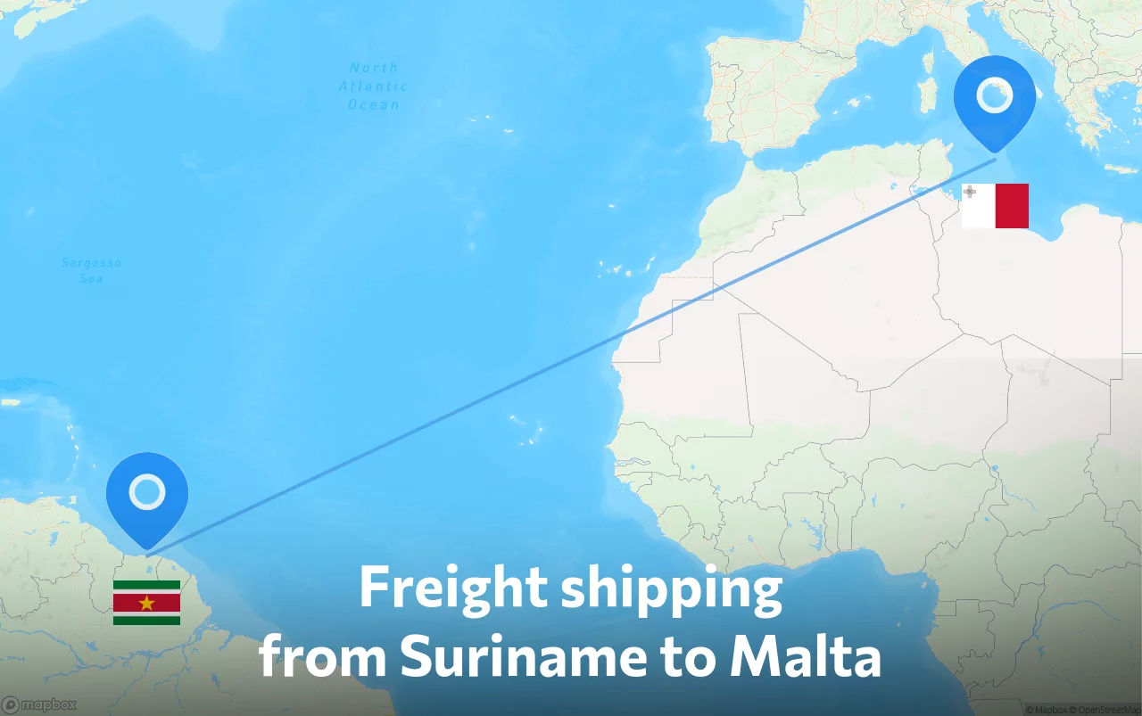 Shipping route from Suriname to Malta
