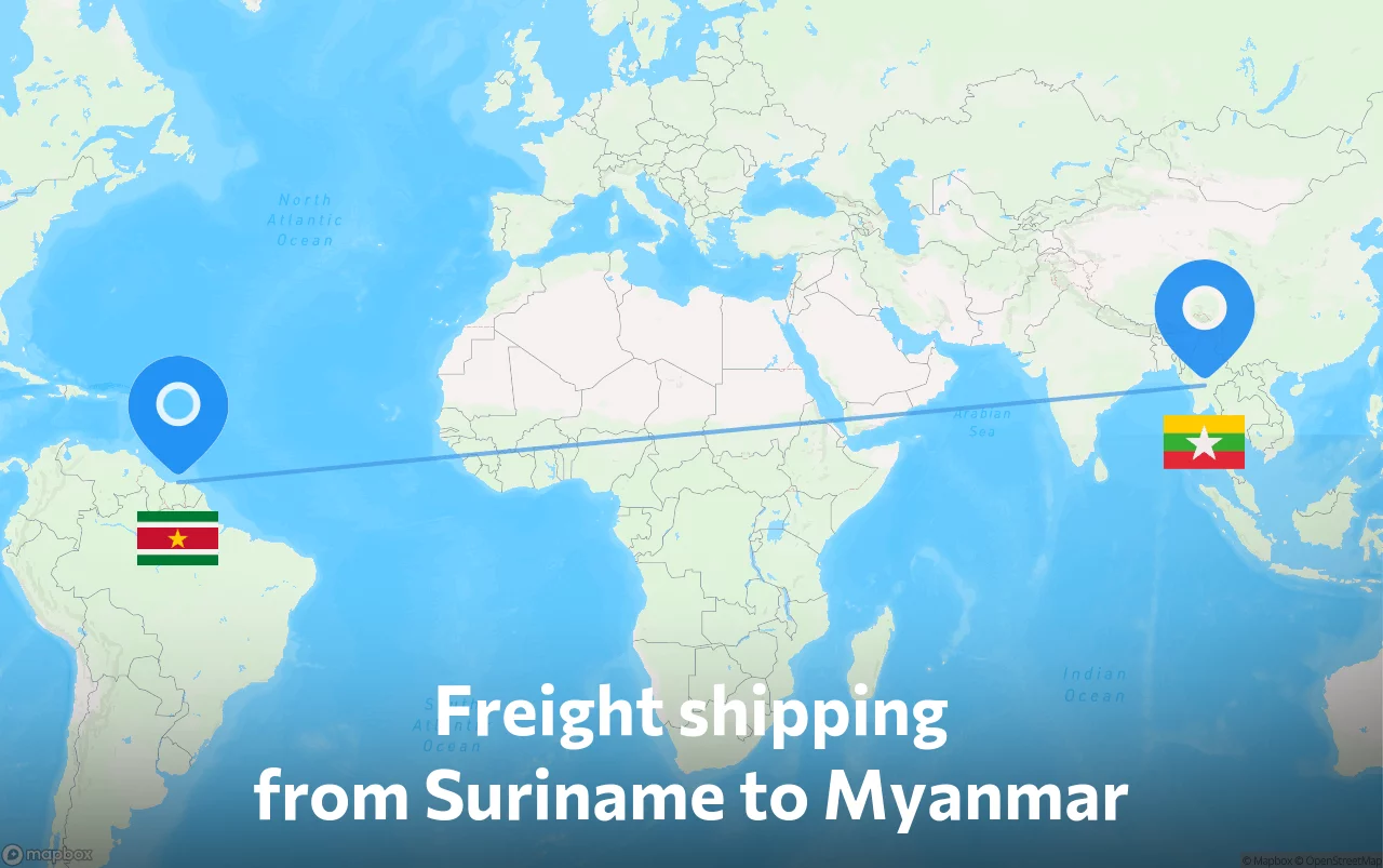 Shipping route from Suriname to Myanmar