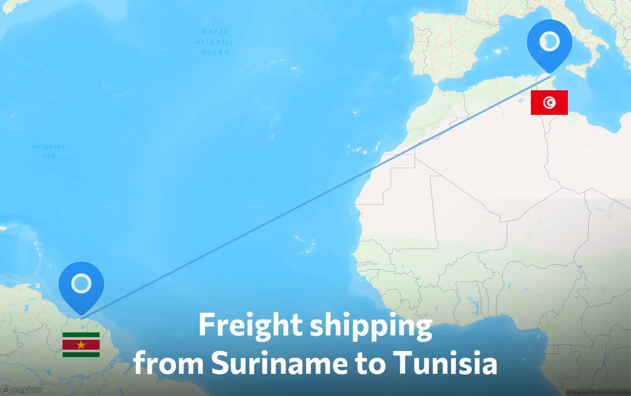 Shipping route from Suriname to Tunisia