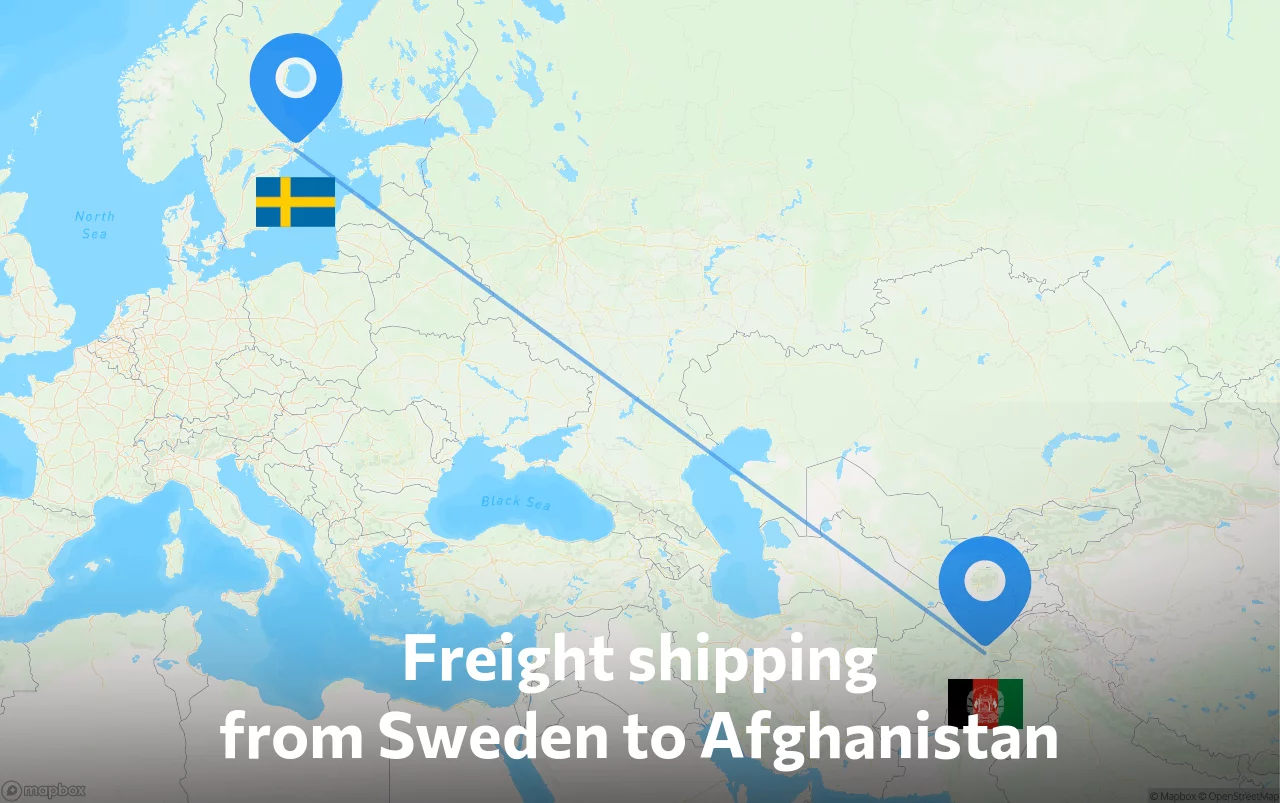 Shipping route from Sweden to Afghanistan