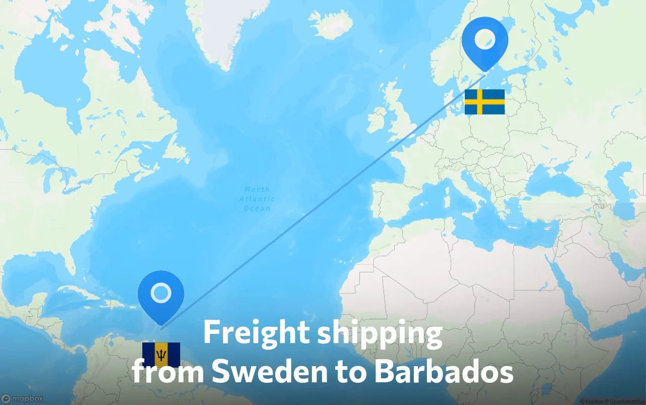 Shipping route from Sweden to Barbados