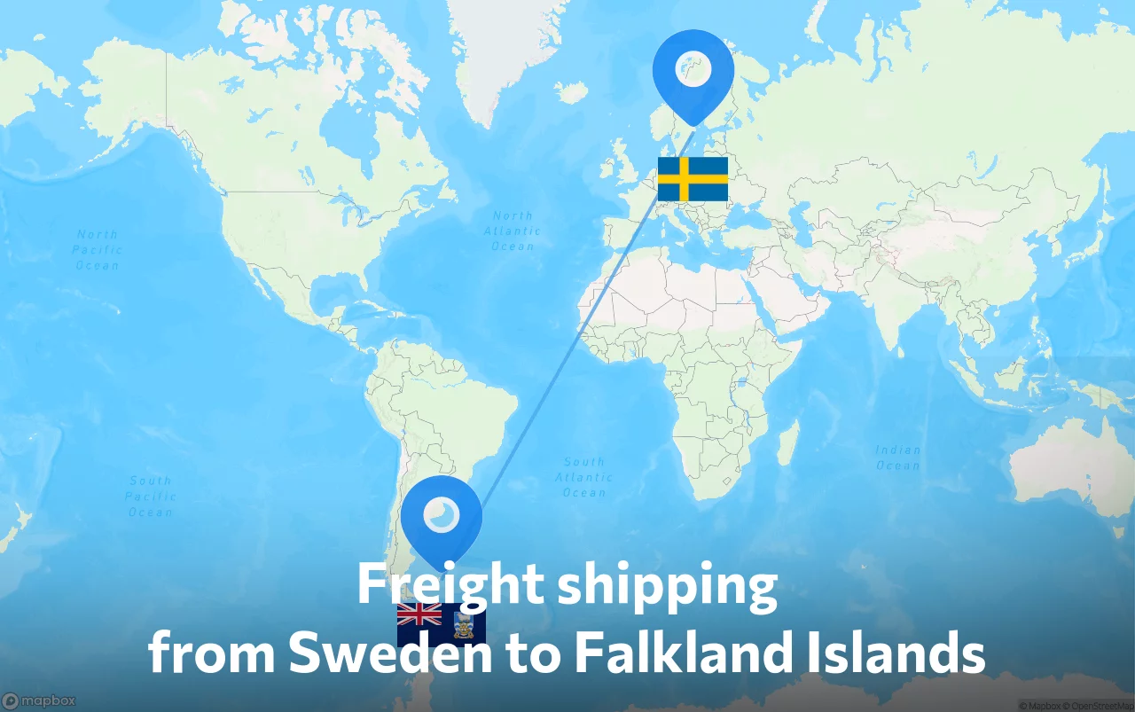 Shipping route from Sweden to Falkland Islands