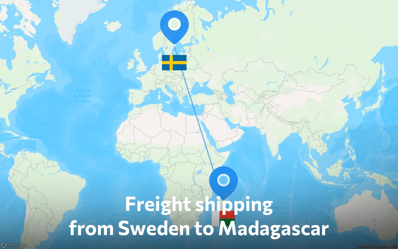 Shipping route from Sweden to Madagascar