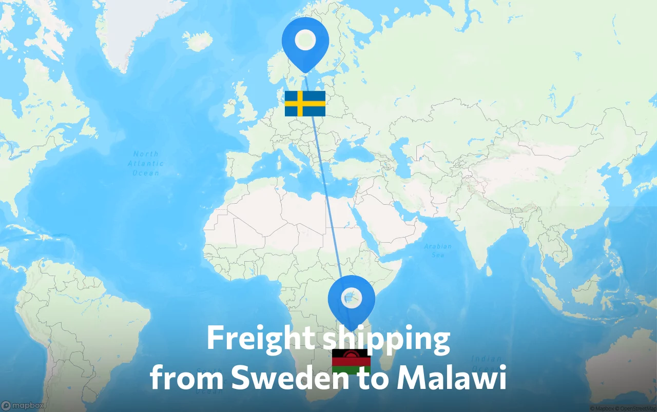 Shipping route from Sweden to Malawi