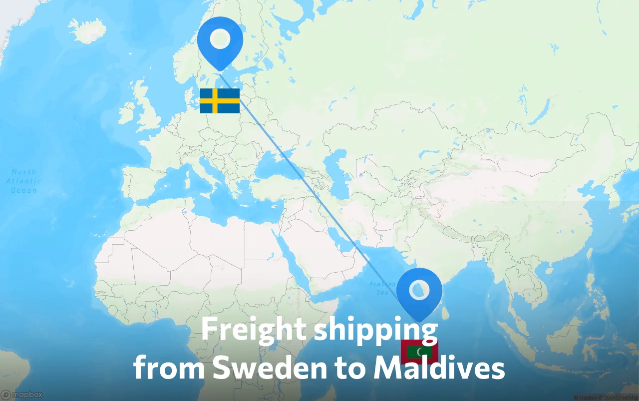 Shipping route from Sweden to Maldives