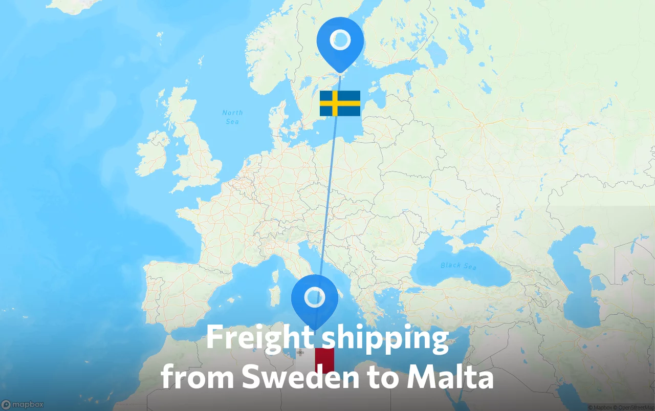 Shipping route from Sweden to Malta