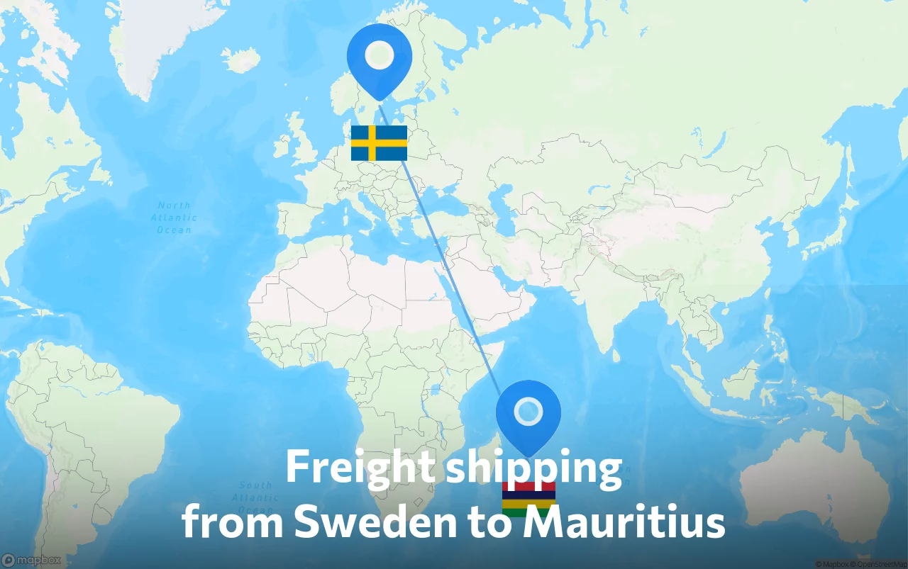 Shipping route from Sweden to Mauritius