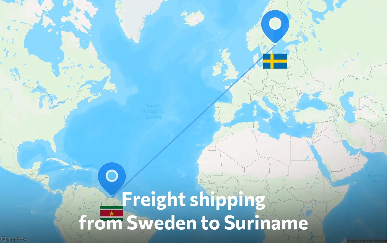 Shipping route from Sweden to Suriname
