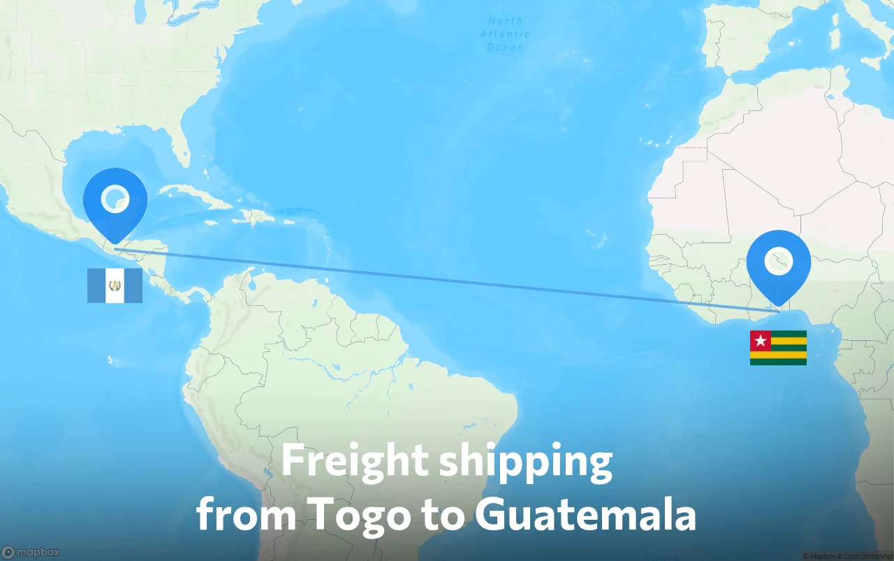 Shipping route from Togo to Guatemala