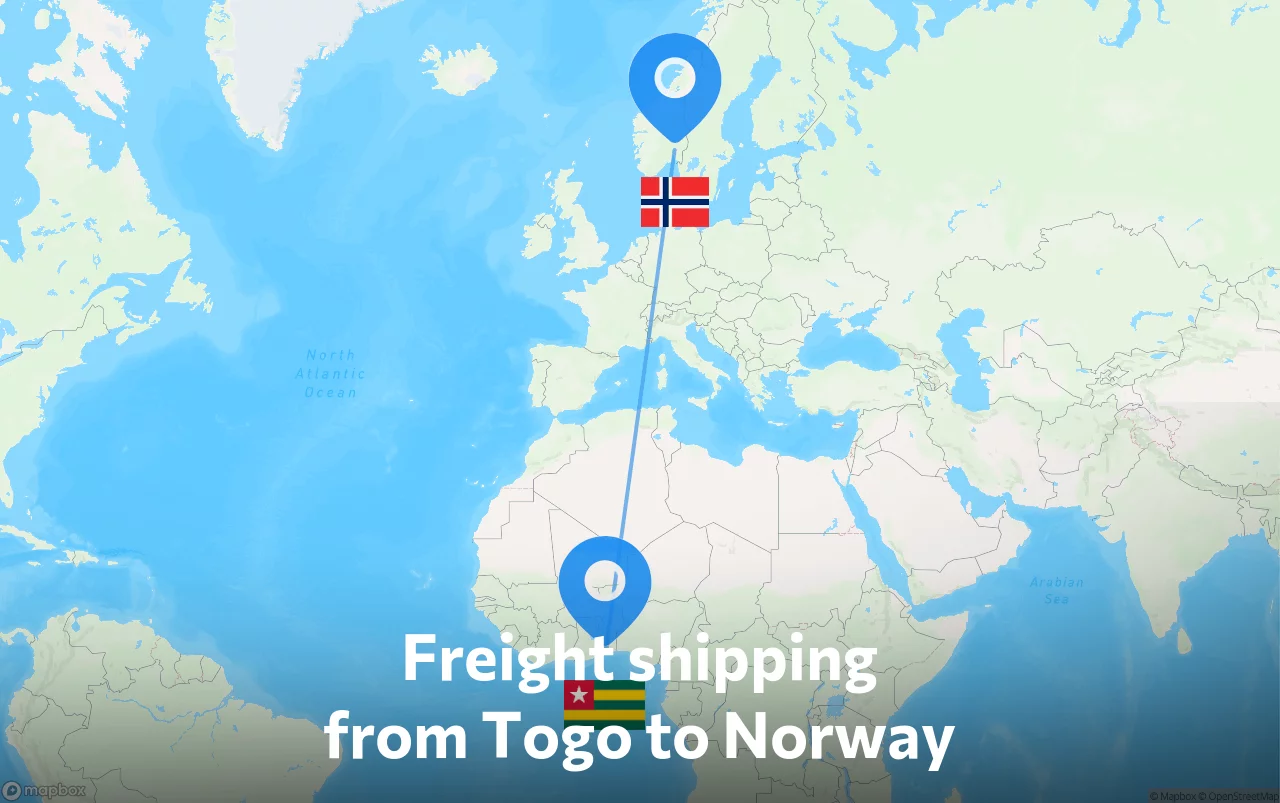 Shipping route from Togo to Norway